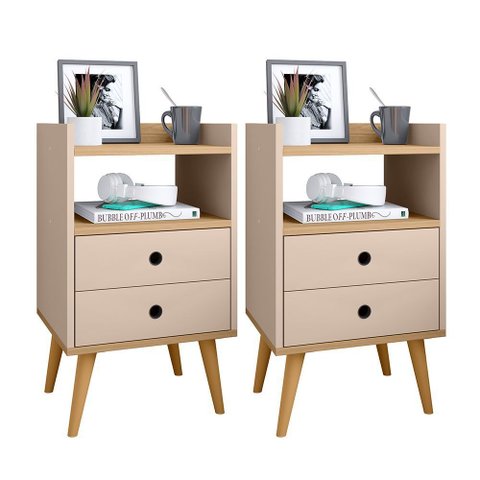 Jogo 2 Mesa de Cabeceira Kit Mesinha Canto Quarto Lateral Cama 2 Gavetas Organizadoras Retrô Quarto