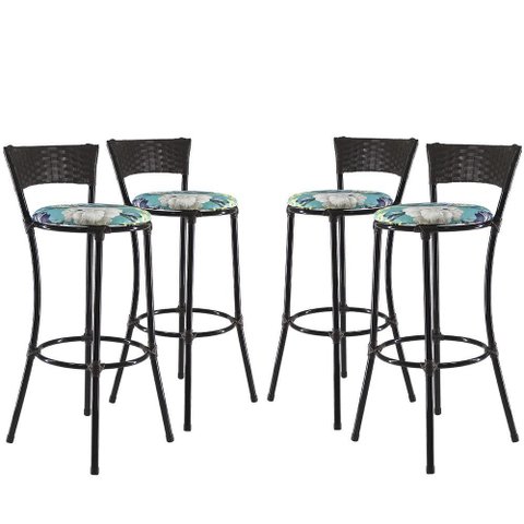 Kit Com 4 Banquetas Alta Forts Azul Floral, Fibra Uv Bancada, área Goumert, Bar, Piscina, Balcão