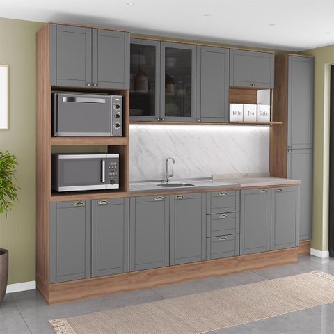Cozinha Milla Ultra Pro 14 Portas 3 Gavetas MDF-MDP 310cm Cinza com Nogal e Titânio Móveis Carraro