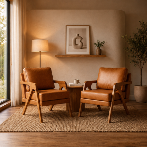 Kit 2 Poltronas Decorativas Mona Luxo em Madeira Maciça – Estilo Moderno Corino Caramelo