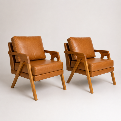 Kit 2 Poltronas Decorativas Mona Luxo em Madeira Maciça – Estilo Moderno Corino Caramelo