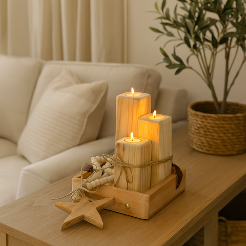 Kit Colar de Mesa Porta Vela Madeira Bandeja Decoração Sala