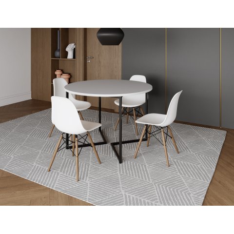 Mesa Industrial Base Ferro Preto em V Tampo 110cm Branco 4 Cadeiras Eames Madeira Assento Branco