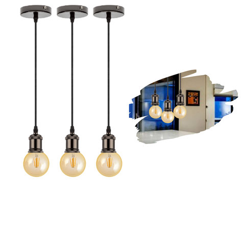 Kit 3 Luminárias Pendentes Retro Vintage de Metal com Lâmpadas Formato Globo com Filamento Led G95 C