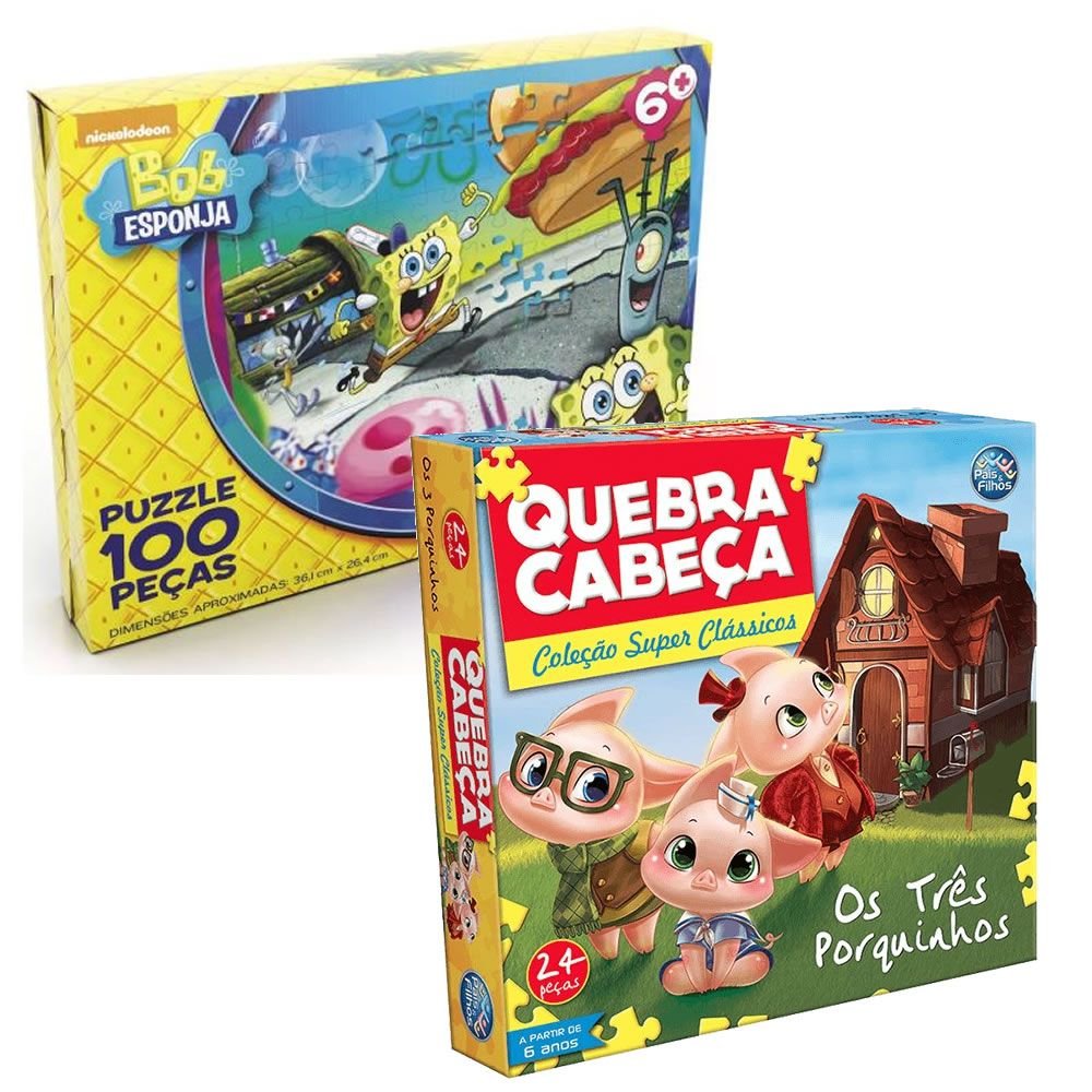 Quebra Cabeça Bob Esponja 100Pç + Quebra Cabeça 3 Porquinhos ...
