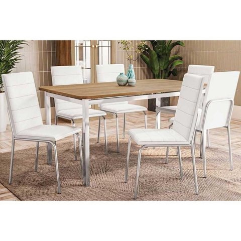 Conjunto Mesa de Cozinha Reno com Tampo de Madeira 160cm e 6 Cadeiras Amsterdã Cromada Branco 106