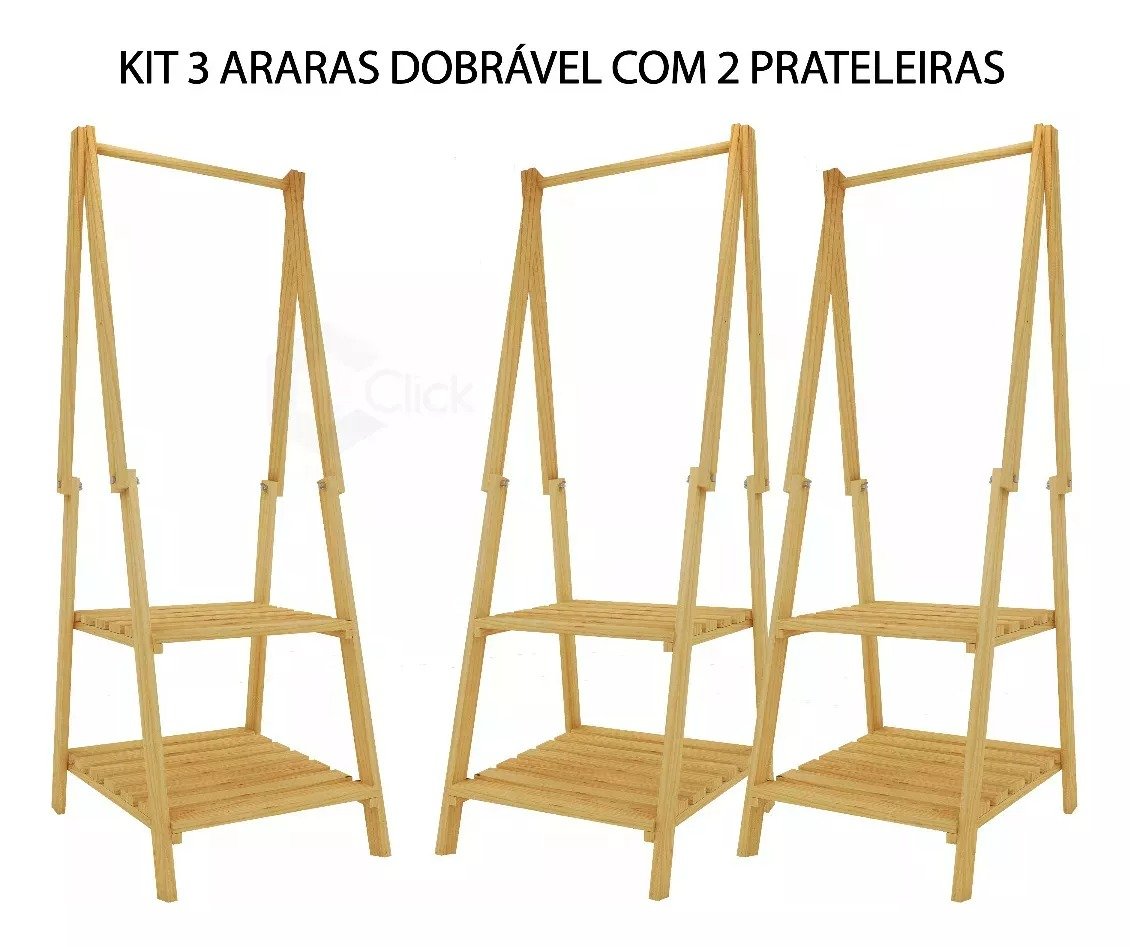 3 Araras para Roupas 165cm X 64cm X 60cm Madeira Pinus - 7