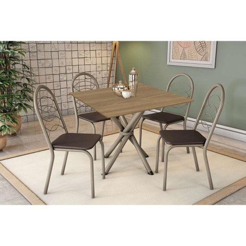 Conjunto: Mesa Sala Jantar Volga C/ Tampo de Madeira 90cm e 4 Cadeiras Holanda Niquel/nogueira -