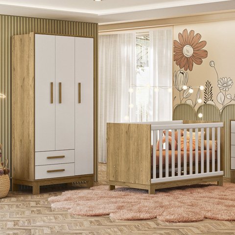 Quarto de Bebê Qencanto Slim com Roupeiro 4340 e Berço 4315 Qmovi Freijó Branco Acet + Colchão Gazin