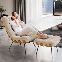 Poltrona Costela L02 com Puff Sala de Estar Suede Bege - Lyam Decor - 2