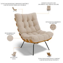 Poltrona Costela L02 com Puff Sala de Estar Suede Bege - Lyam Decor - 5