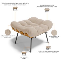 Poltrona Costela L02 com Puff Sala de Estar Suede Bege - Lyam Decor - 6