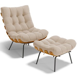 Poltrona Costela L02 com Puff Sala de Estar Suede Bege - Lyam Decor