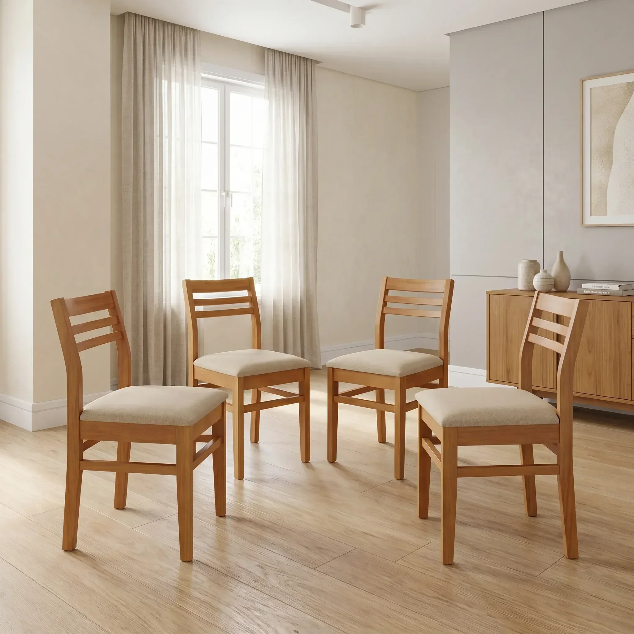 Ver imagem 1 de Kit 4 Cadeiras para Sala de Jantar Estofadas em Madeira Maciça Diamante Natural Bege Marrom