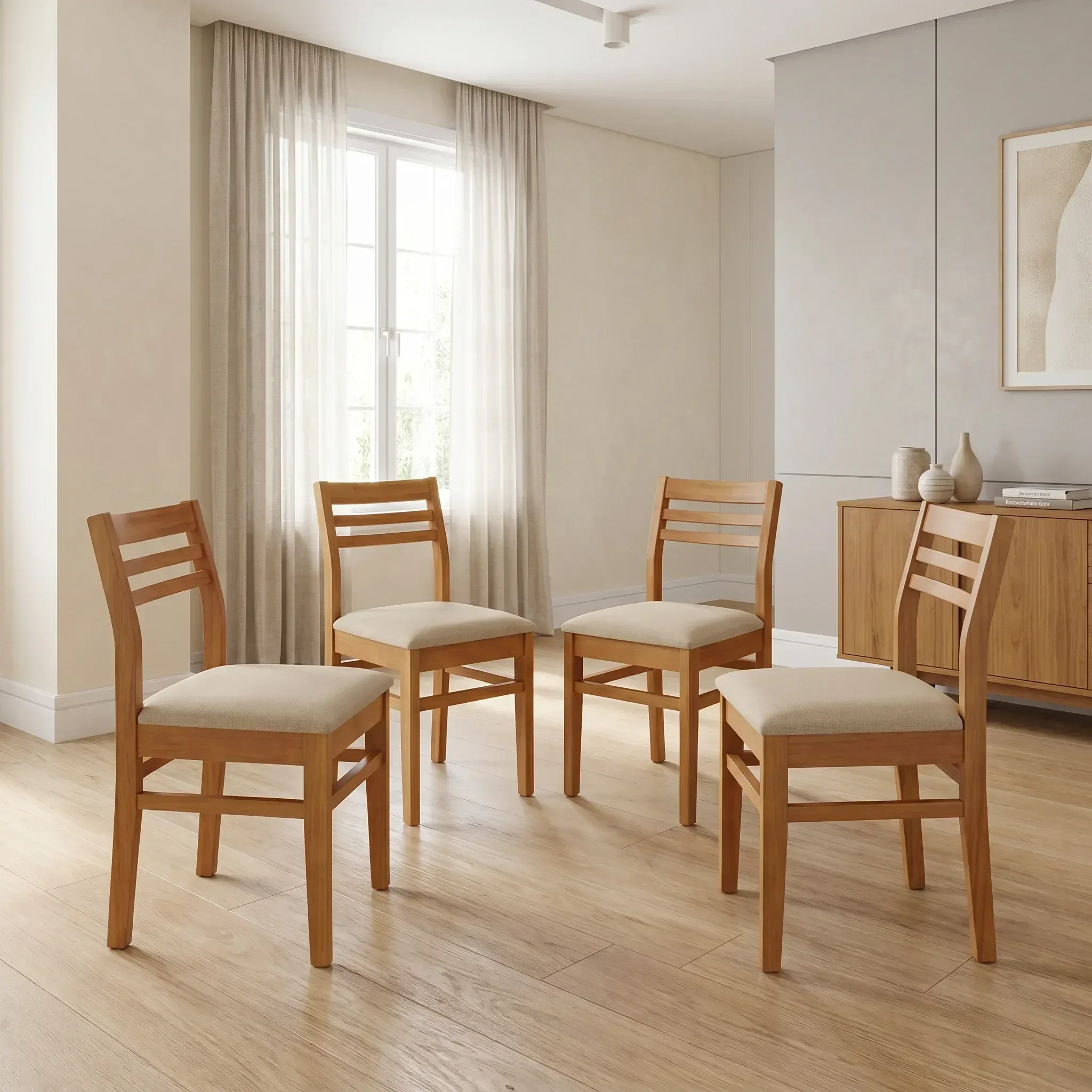 Ver imagem 1 de Kit 4 Cadeiras para Sala de Jantar Estofadas em Madeira Maciça Diamante Natural Bege