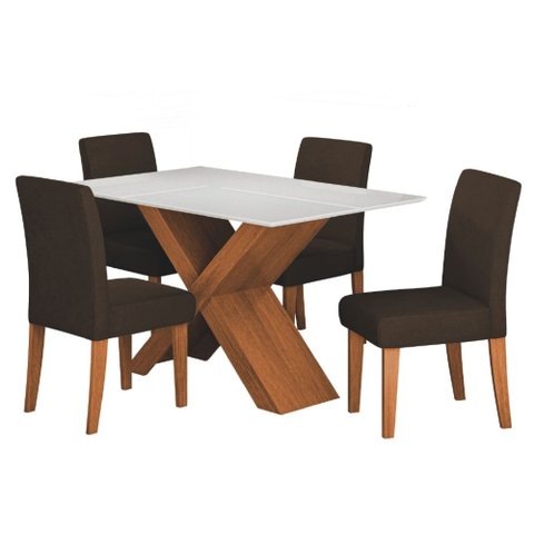Conjunto de Mesa Sala de Jantar Tampo com Vidro 1,36m Grécia 4 Cadeiras Trieste Dobuê
