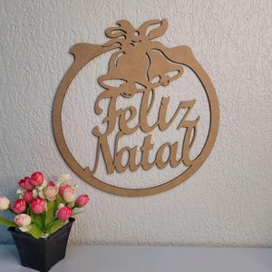 Enfeite Redondo de Porta Feliz Natal (30x28,5) Mdf Cru
