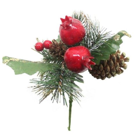 Kit 8 Ramos Romã Decoração de Natal Artificial com Brilho 16cm
