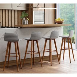 Kit 4 Banquetas Altas Luxo Linea Aço Cobre Linho Cinza Base Carvalho - 1
