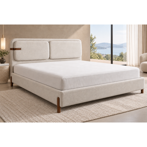 Cama Box Queen Size Versala Estofada com Detalhes em Madeira