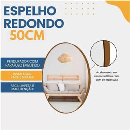 Espelho Tradicional Redondo de Parede 50cm com Acabamento em Material Ecológico para Sala, Quarto - 2