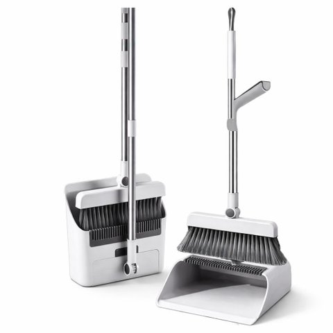 Vassoura com Pá de Lixo Dobrável Inox Ajustável Limpa Cerdas