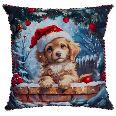 Almofada Natalina Natal Cachorrinho com Touca Noel 43CMX43CM