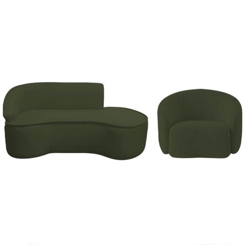 Kit Divã Recamier Orgânico Marrocos 200cm Lado Direito e 1 Poltronas Amore Linho Verde
