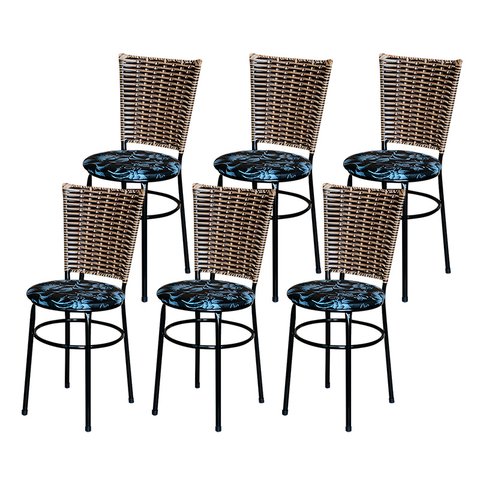 6 Cadeiras para Mesa Preta Hawai Avelã Assento Floral:floral Preto