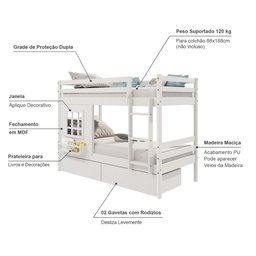 Beliche Infantil com Janela e Gavetas Madeira Maciça Branco Housin - 3