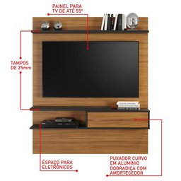 Painel Home Suspenso Para TV Até 55 Polegadas 1 Porta Sala de Estar Marrom Madeira e Preto - 5
