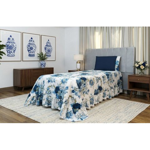 Kit 2 Pçs Colcha Solteiro Beleza Estampado: Azul