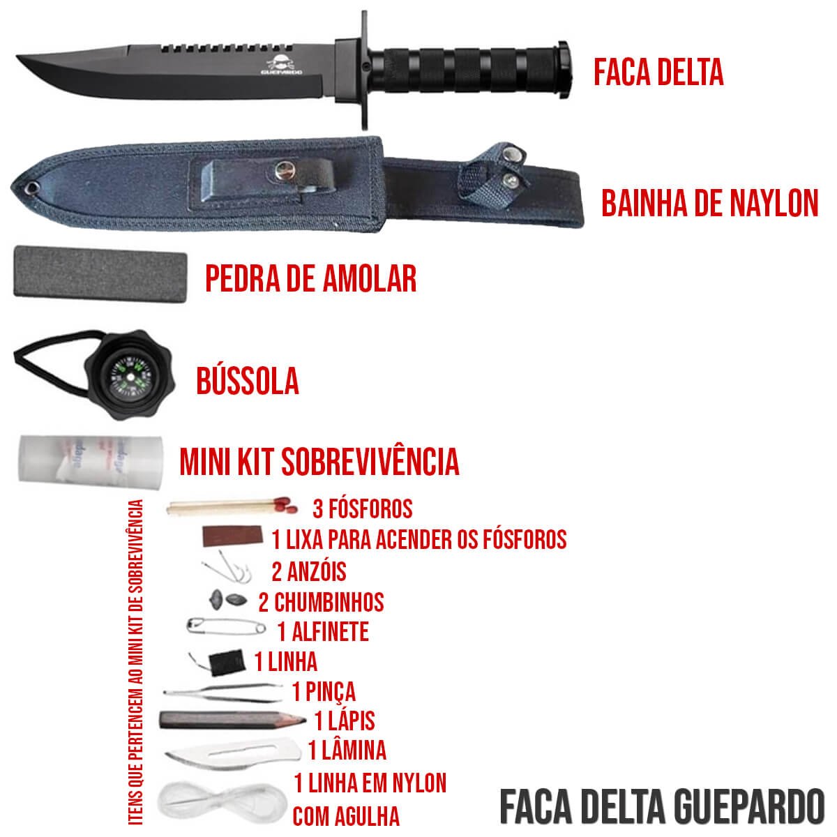 Faca de Sobrevivência Delta Guepardo Aço Inox 420 8' Preta com Bainha e Kit Sobrevivência - 6