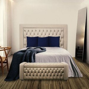 Kit Cabeceira com Calçadeira com Baú Elegance Casal 140 Cm para Cama Suede Bege Biselos-decor