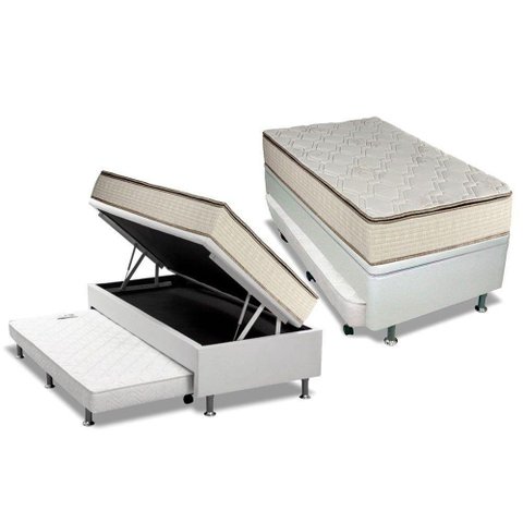 Cama Box Baú C/auxiliar Solteiro: Colchão Molas Luckspuma Bonnel Montreal Spring + Base Courano