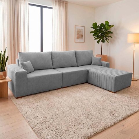 Sofá Modular Kavak 3,31m Bouclê Cinza com Chaise - King House