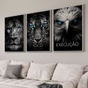 Ver imagem 1 de Quadro Decorativo Disciplina Foco Execução 3 telas 60x90 Leão Tigre Águia para Sala, Escritório, Hall Com Vidro