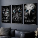 Ver imagem 1 de Quadro Decorativo Disciplina Foco Execução 3 telas 60x90 Leão Tigre Águia para Sala, Escritório, Hall Com Vidro