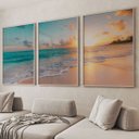 Ver imagem 1 de Quadro Decorativo Paisagem Praia, Mar e Pôr do Sol 3 telas 60x90 para Sala Casa de Praia Banheiro Com Vidro
