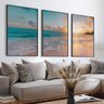 Quadro Decorativo Paisagem Praia, Mar e Pôr do Sol 3 telas 60x90 para Sala Casa de Praia Banheiro Com Vidro - 1