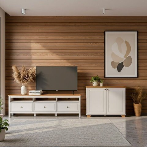 Conjunto de Sala 2 Peças Rack e 1 Armário Multiuso Ananda CabeCasa MadeiraOriginals Branco Off White/Mel