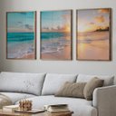 Ver imagem 1 de Quadro Decorativo Paisagem Praia, Mar e Pôr do Sol 3 telas 60x90 para Sala Casa de Praia Banheiro Com Vidro