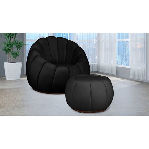 Kit Poltrona c/ Puff Concha Veludo Preto