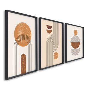 Quadro Decorativo Abstrato Geométrico Linhas e Formas 3 Telas 60x90cm para Escritório Hall Quarto Sem Vidro