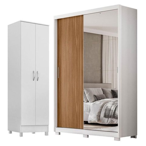 Guarda Roupa Casal Riva Branco Amêndola Touch Flex com Espelho e Pés e Sapateira Multiuso Golden