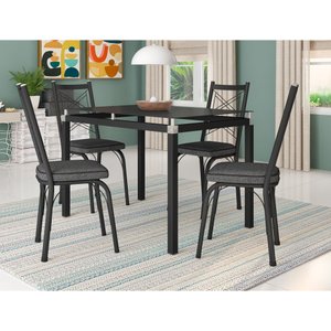 Conjunto De Mesa Com 4 Cadeiras Malva Tampo De Vidro 107cm SF Preto Fosco Assento Andorinha Artefamo
