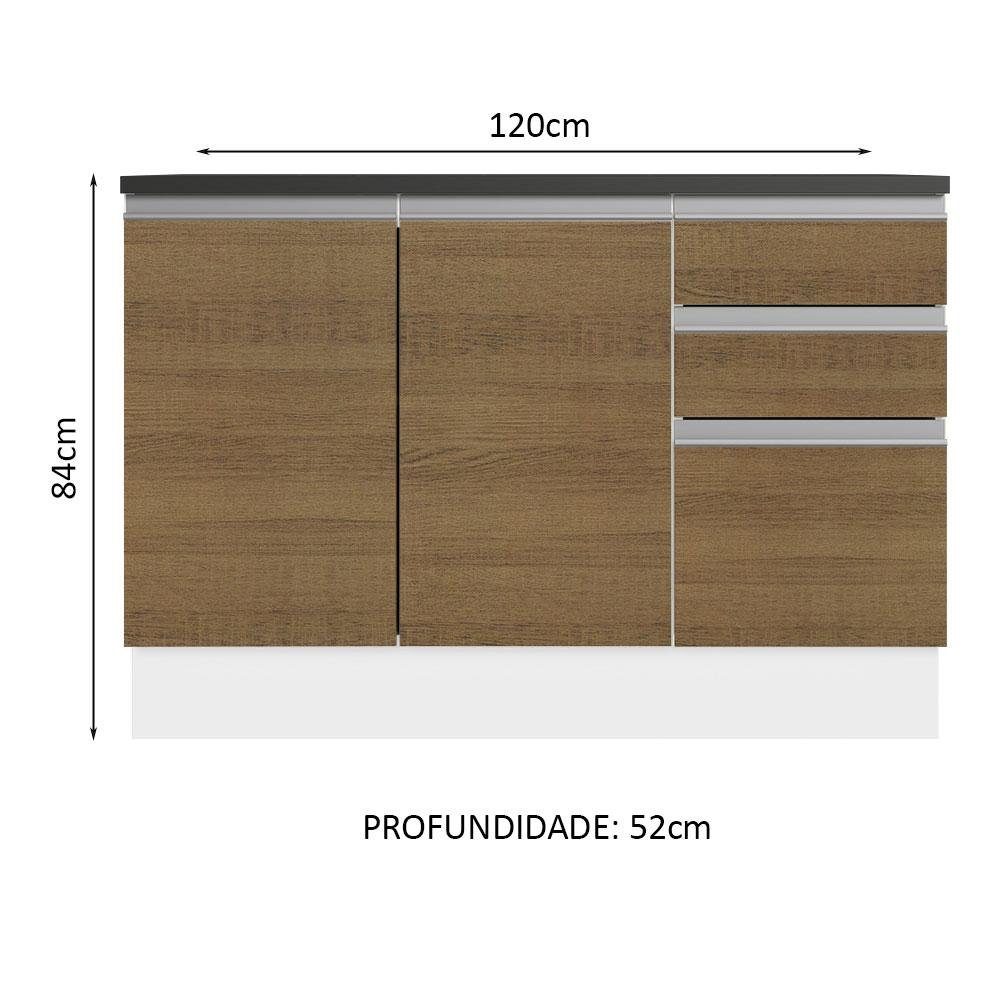 Balcão de Pia Cozinha 100% MDF 120 cm 3 Portas e 2 Gavetas Branco/Rustic Acordes Madesa - 3