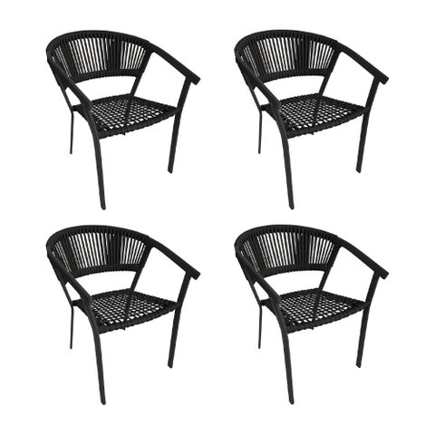 Kit 4 Cadeiras de Jantar Corda Náutica Preto Base Aluminio Preto Sofia Linha Plus