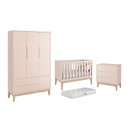 Ver imagem 1 de Dormitório Classic 3 Portas, Cômoda 3 Gavetas Rosa com Pés Madeira Natural e Colchão D18 - Reller Mó