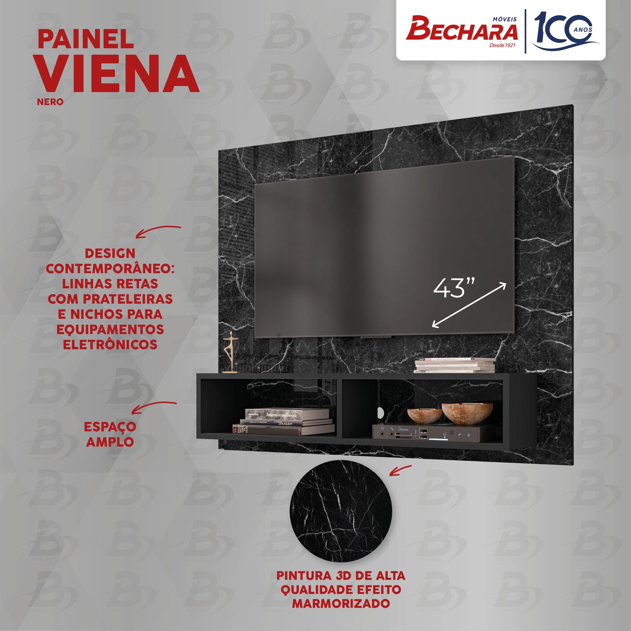 Painel para Tv até 43 Polegadas Viena Sala e Quarto Luxo Completo Moderno Rack Cor Preto - 3